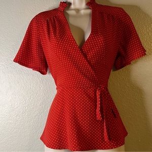 Monteau | Red Polka Dot Blouse  | Flutter Sleeve